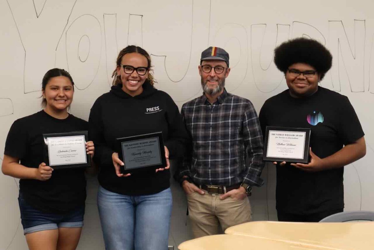 From left, Seniors Gabriella Cuevas, Kennedy Murphy, Advisor Aliya Weise, and Senior Nathan Williams