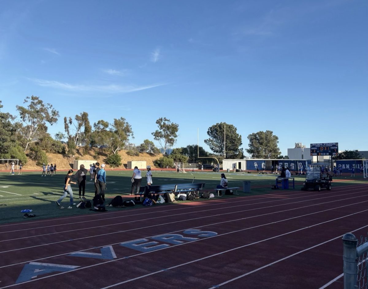 A photo of the SDHS girls lacrosse players competing during their game against Claremont on April 15.